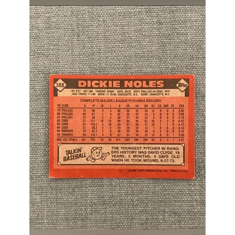 1986 Topps Texas Rangers Baseball Card